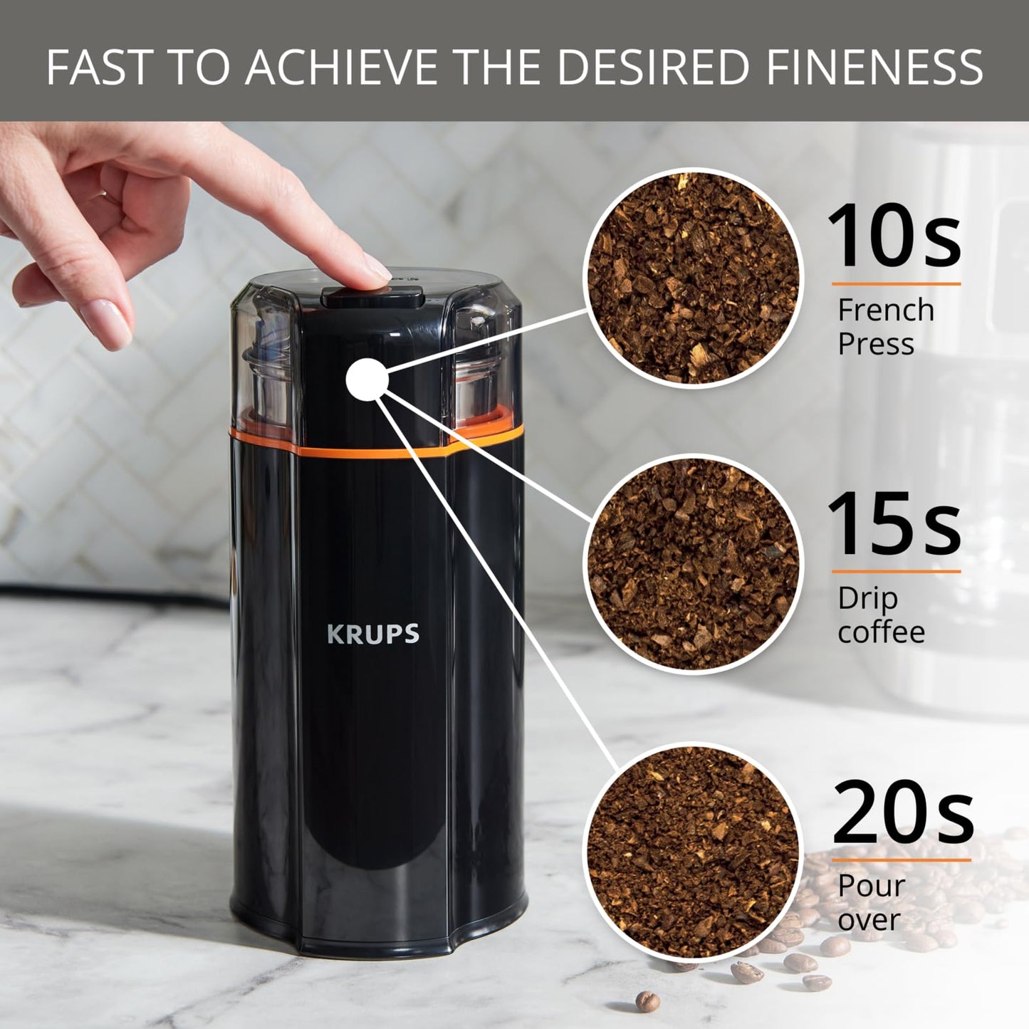KRUPS Silent Vortex Coffee & Spice Grinder 12-Cup – One-Touch, Black