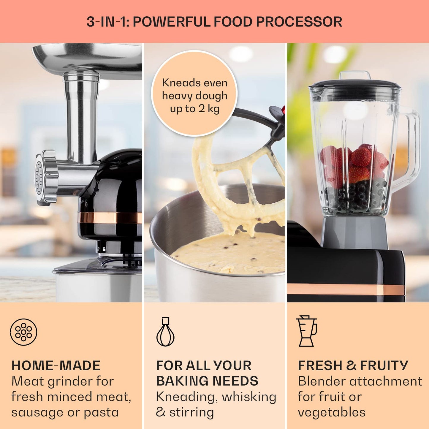 Klarstein Lucia Elegance - Stand Mixer, Food Processor and Blender, Meat Grinder, 1800 Watts in 6 Power Levels, Pulse Function, 5 l Stainless Steel Bowl / 1.5 l Glass Mixer Jug, Black