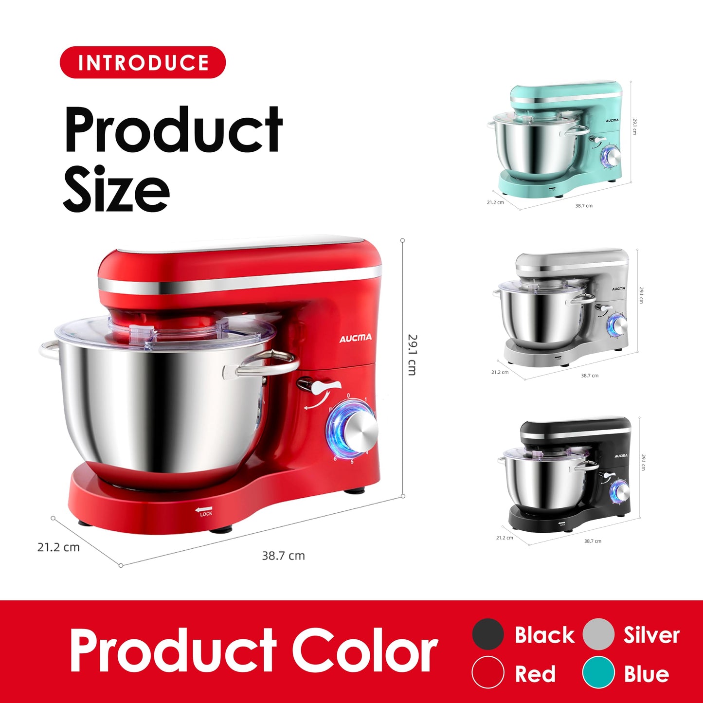 Aucma Stand Mixer, 6.2L Food Mixer 1400W Tilt-Head Electric Kitchen Mixer with Dough Hook, Wire Whip & Beater， 2 Layer Red Painting (6.2L, Red)