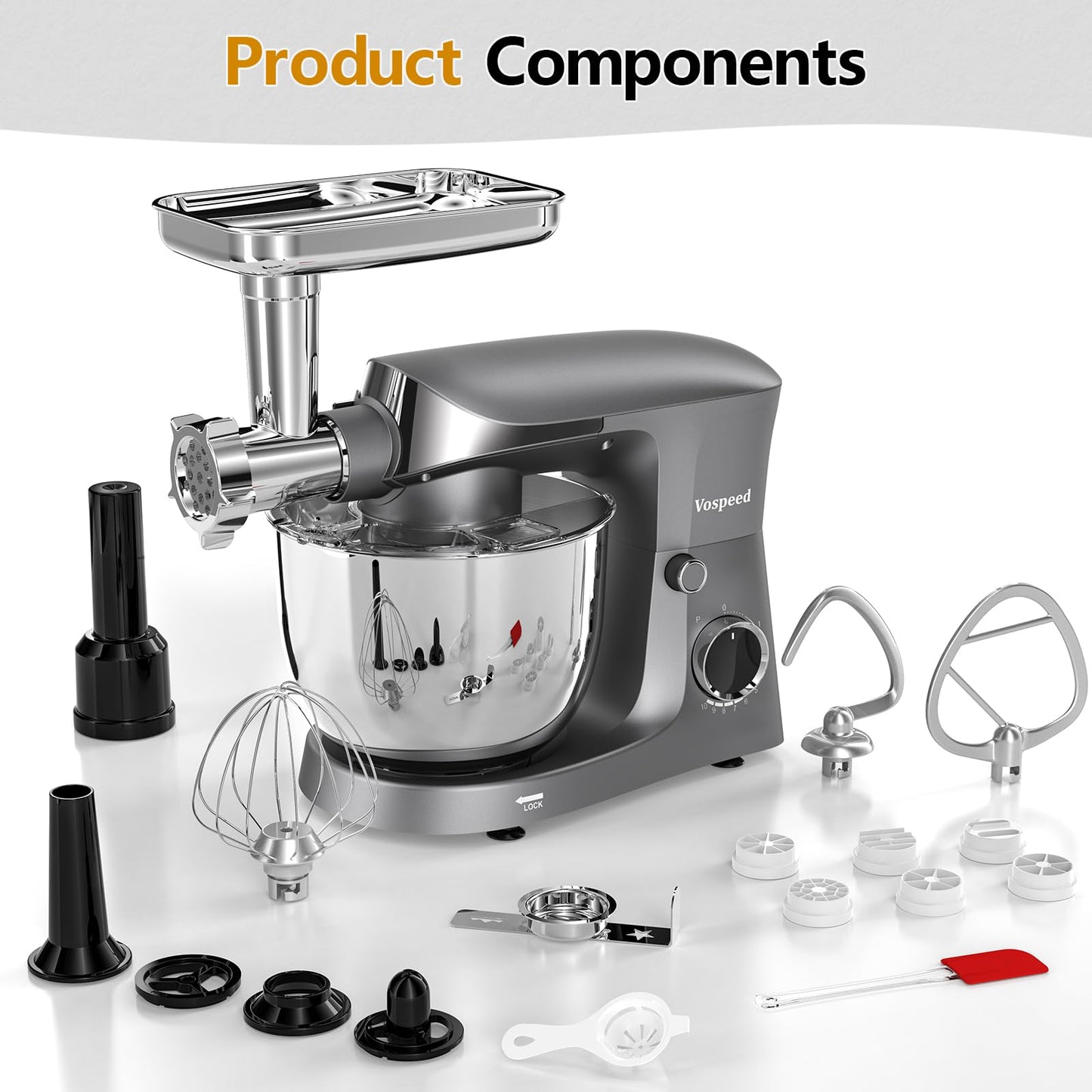 Vospeed Stand Mixer, 5.5L Food Mixers for Baking, 1500W Tilt-Head Electric Kitchen Mixer, Cake Mixers with Dough Hook, Whisk & Beater,Meat Grinder Attachment...(Grey)