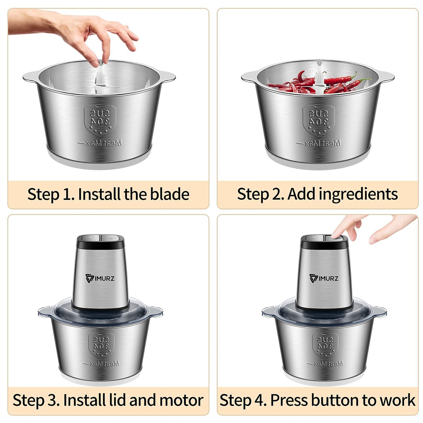 Mini Electric Food Processor 500W – 2L Stainless Steel Bowl, 2 Speeds, Silver