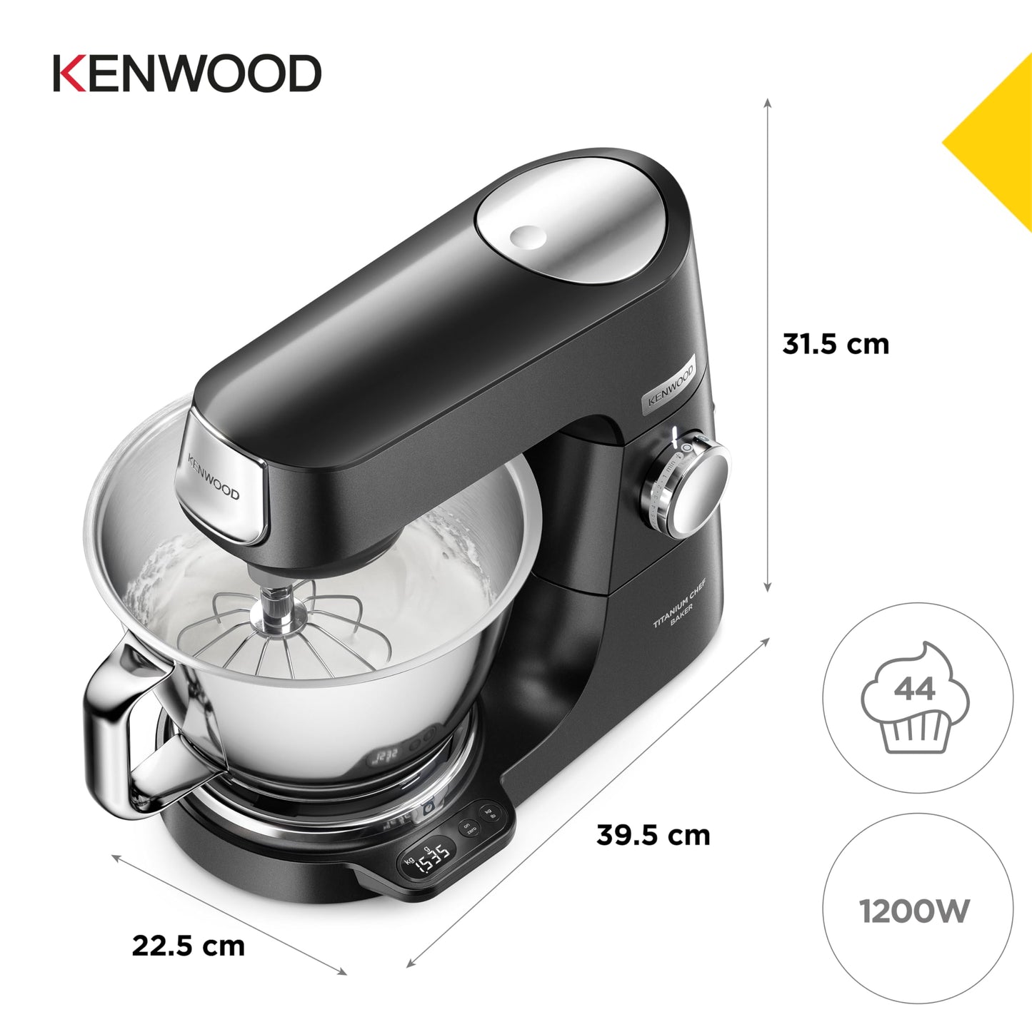 Kenwood Titanium Chef Baker Silver KVC85.004BK, Stand Mixer with Integrated Scale, 3 Stainless Steel Mixing Hooks and Rubber Whisk, 5L and 3.5L Bowls, 1200W, Black