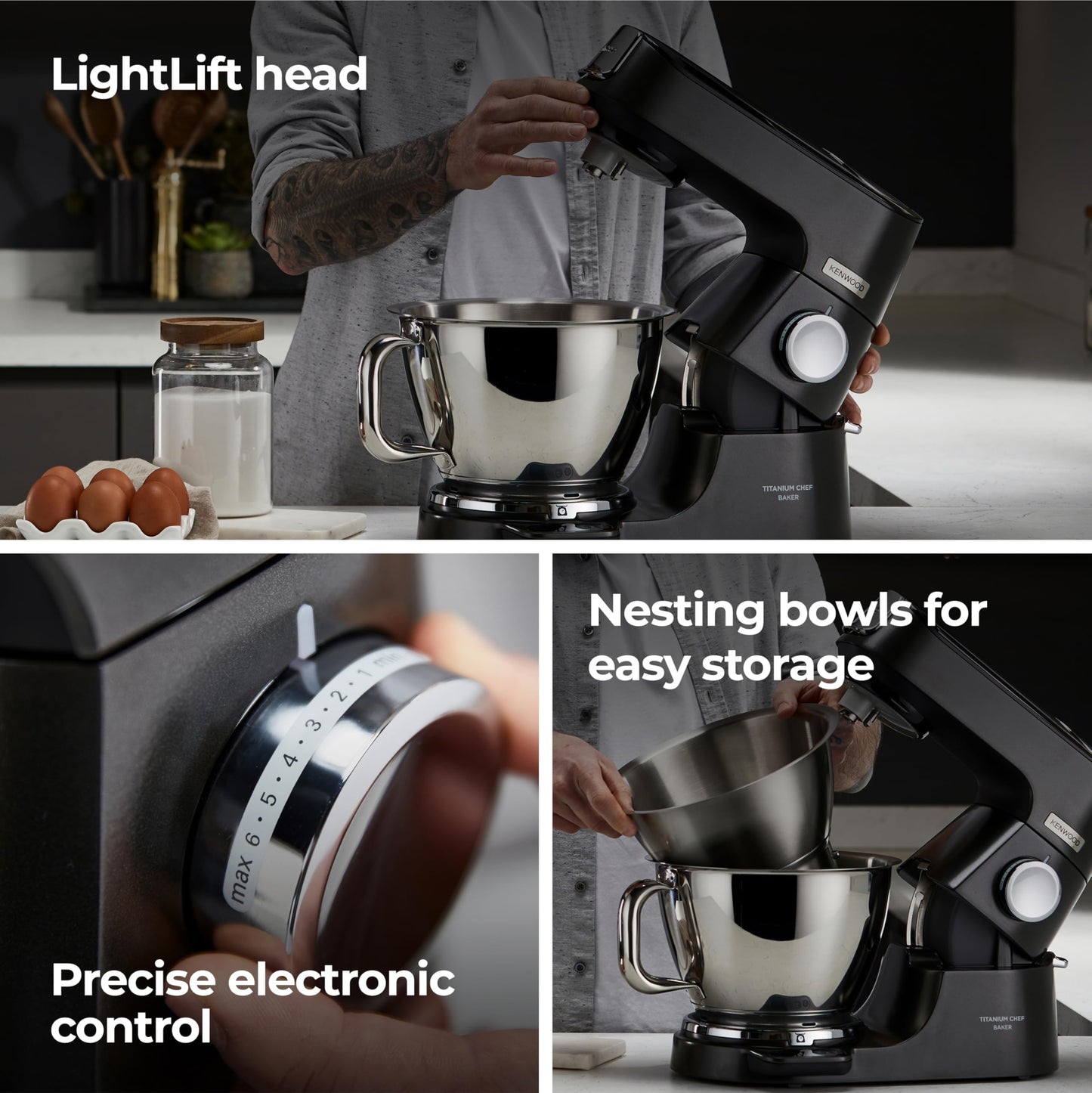 Kenwood Titanium Chef Baker Silver KVC85.004BK, Stand Mixer with Integrated Scale, 3 Stainless Steel Mixing Hooks and Rubber Whisk, 5L and 3.5L Bowls, 1200W, Black