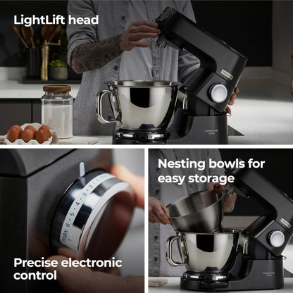Kenwood Titanium Chef Baker Silver KVC85.004BK, Stand Mixer with Integrated Scale, 3 Stainless Steel Mixing Hooks and Rubber Whisk, 5L and 3.5L Bowls, 1200W, Black