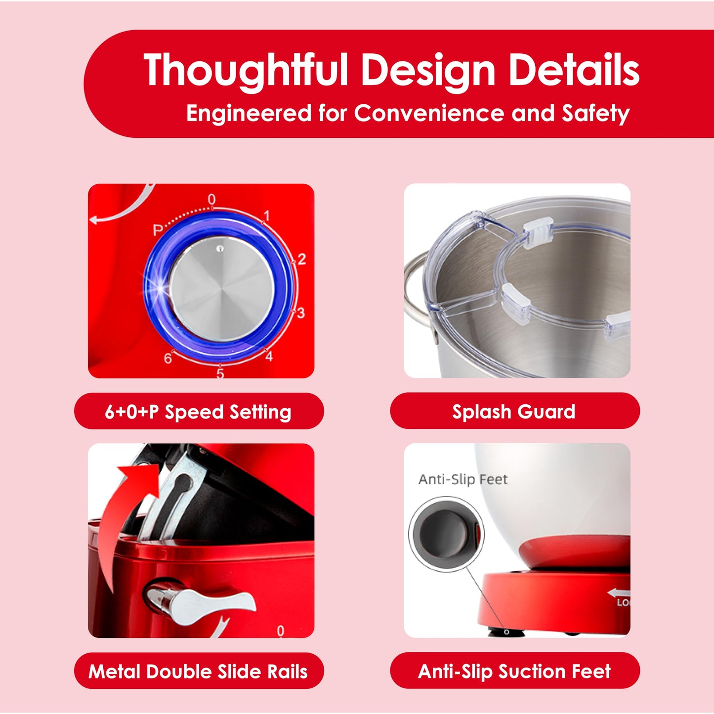 Aucma Stand Mixer, 6.2L Food Mixer 1400W Tilt-Head Electric Kitchen Mixer with Dough Hook, Wire Whip & Beater， 2 Layer Red Painting (6.2L, Red)