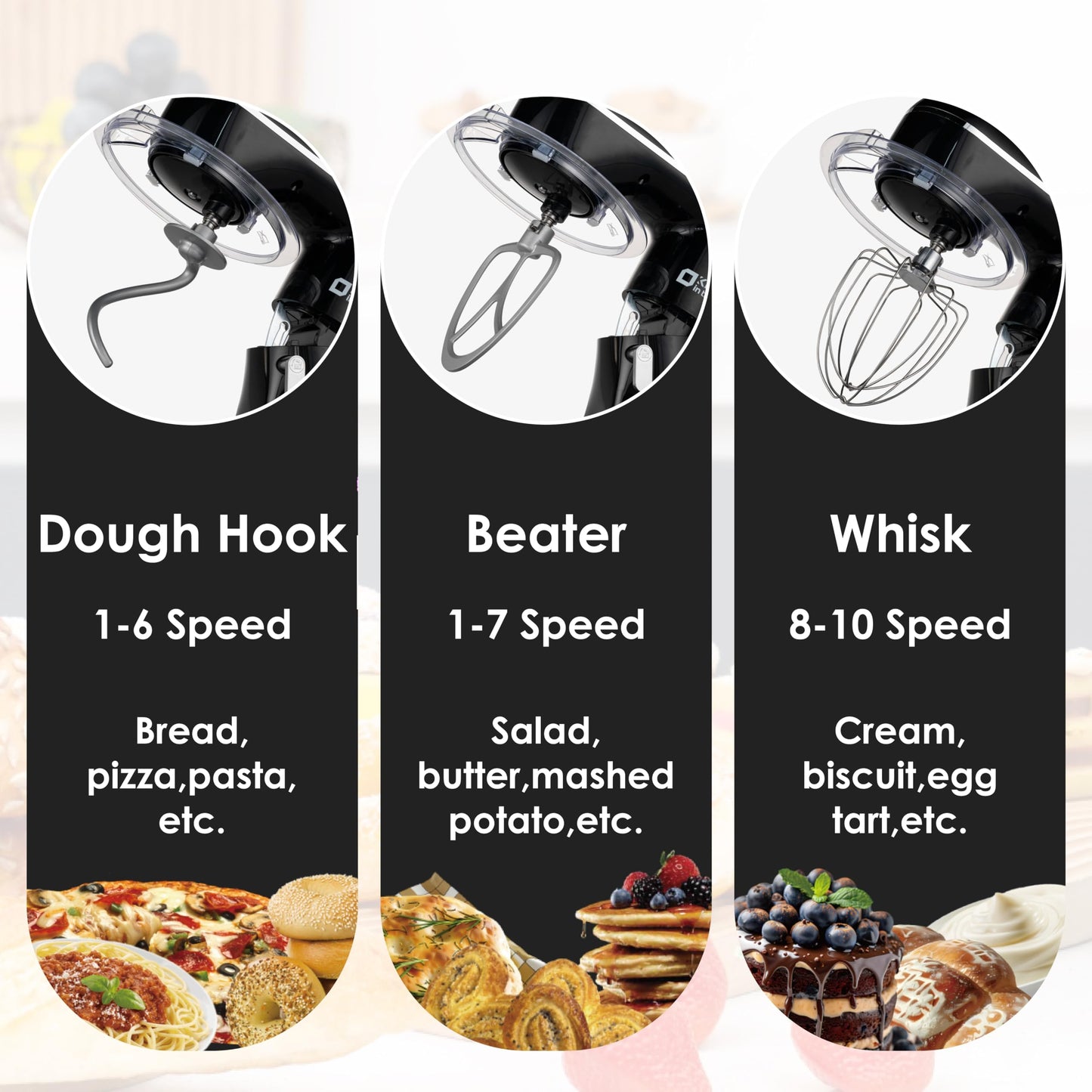 Kitchen in the box Stand Mixer, 6L Electric Food Mixer with 10 Speeds, 1300W Kitchen Appliance for Home Baking, Colorful Design Baking Tool for Bread Dough Cake with Dough Hook, Whisk, Beater (Black)