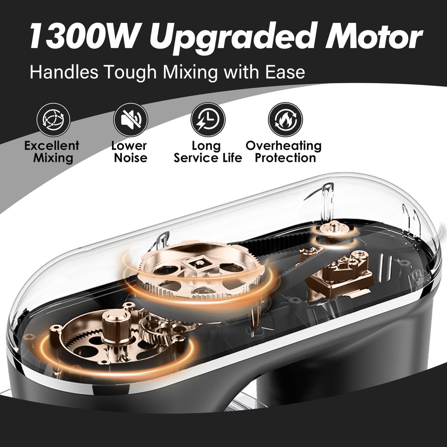 Kitchen in the box Stand Mixer, 6L Electric Food Mixer with 10 Speeds, 1300W Kitchen Appliance for Home Baking, Colorful Design Baking Tool for Bread Dough Cake with Dough Hook, Whisk, Beater (Black)