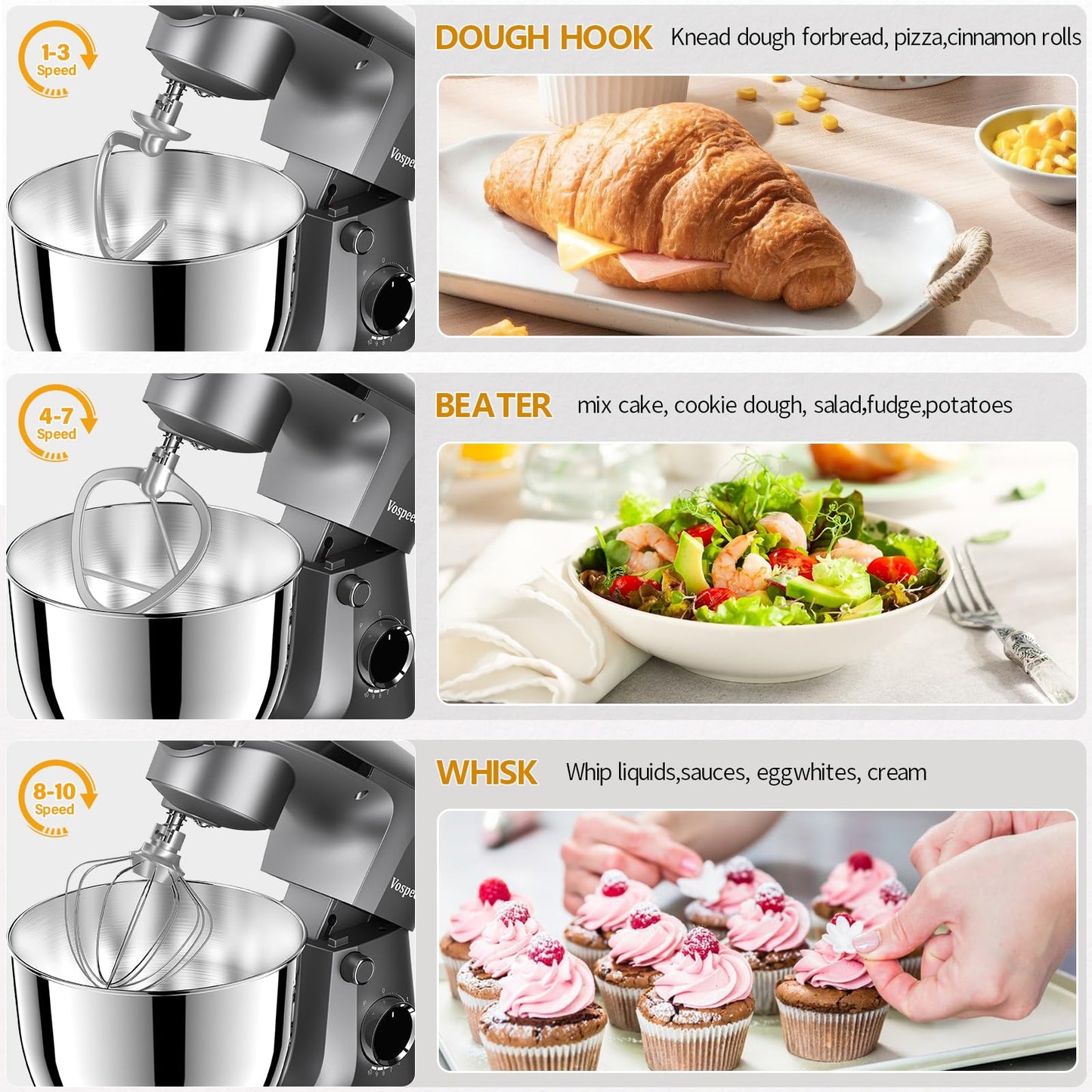 Vospeed Stand Mixer, 5.5L Food Mixers for Baking, 1500W Tilt-Head Electric Kitchen Mixer, Cake Mixers with Dough Hook, Whisk & Beater,Meat Grinder Attachment...(Grey)