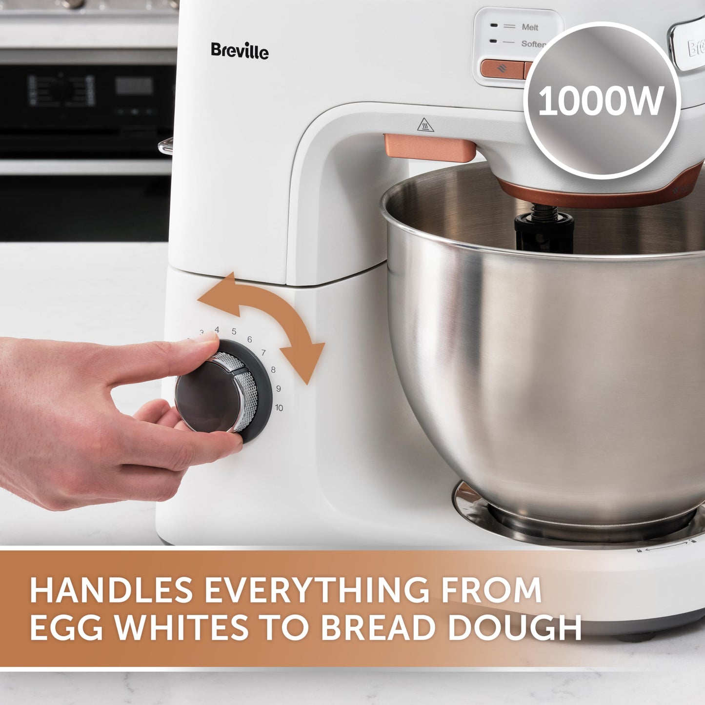 Breville HeatSoft Electric Stand Mixer | 1000W | Softens Butter for Better Results | 10 Speeds | 5.2L Stainless Steel Bowl | Includes Whisk, Beaters & Dough Hooks [VFM027]