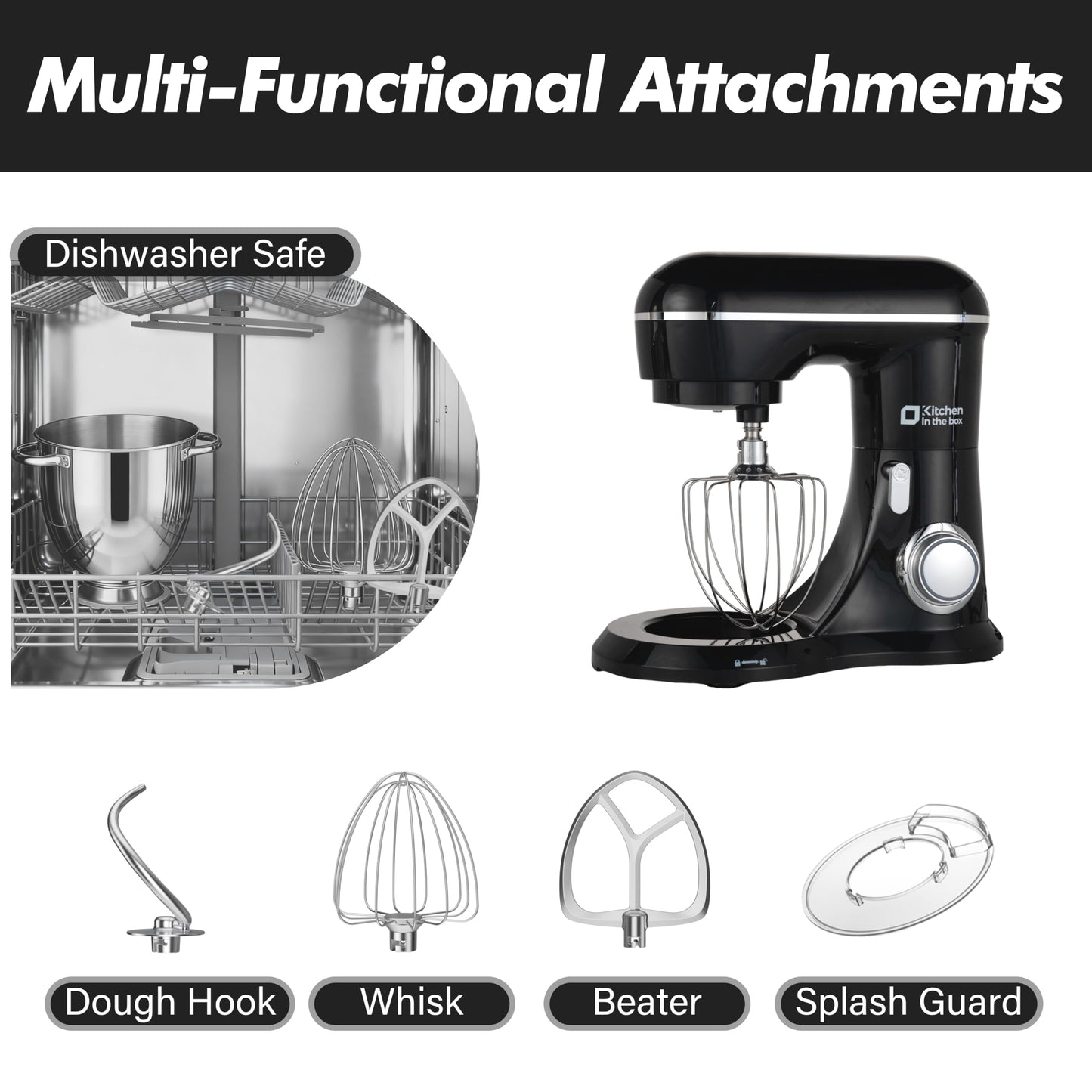 Kitchen in the box Stand Mixer, 6L Electric Food Mixer with 10 Speeds, 1300W Kitchen Appliance for Home Baking, Colorful Design Baking Tool for Bread Dough Cake with Dough Hook, Whisk, Beater (Black)