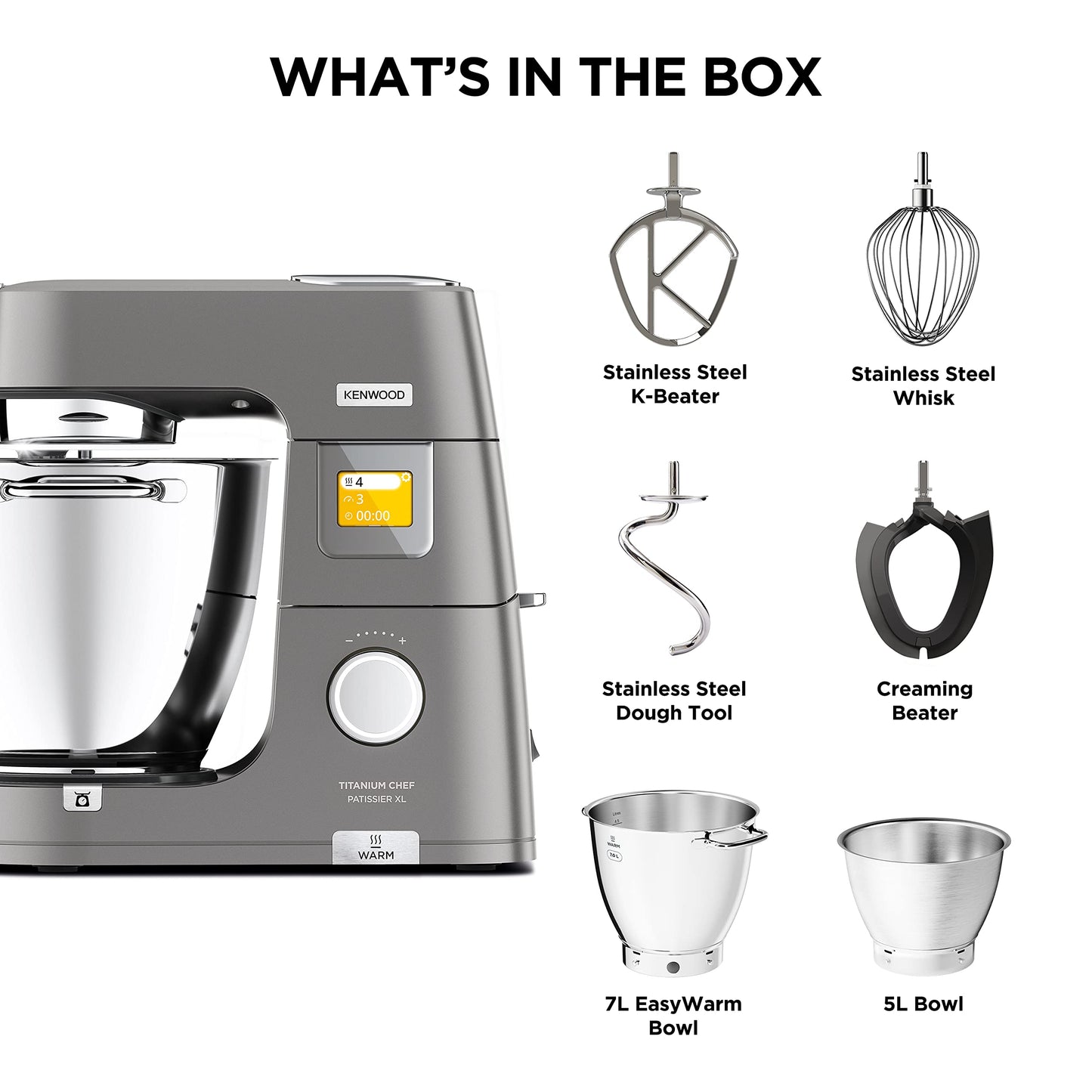 Kenwood Titanium Chef Patissier XL Stand Mixer for Baking- Powerful Food Mixer, With K-Beater, Dough Hook, Whisk, and 2 Bowls 5L and 7L, KWL90.004SI, 1400W, Silver
