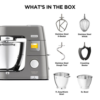 Kenwood Titanium Chef Patissier XL Stand Mixer for Baking- Powerful Food Mixer, With K-Beater, Dough Hook, Whisk, and 2 Bowls 5L and 7L, KWL90.004SI, 1400W, Silver