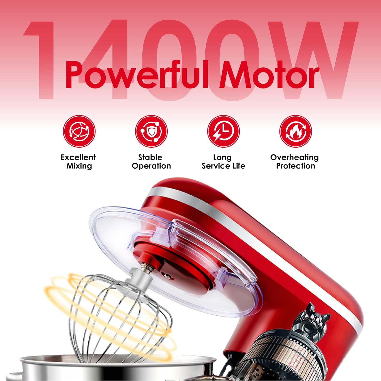 Aucma Stand Mixer, 6.2L Food Mixer 1400W Tilt-Head Electric Kitchen Mixer with Dough Hook, Wire Whip & Beater， 2 Layer Red Painting (6.2L, Red)