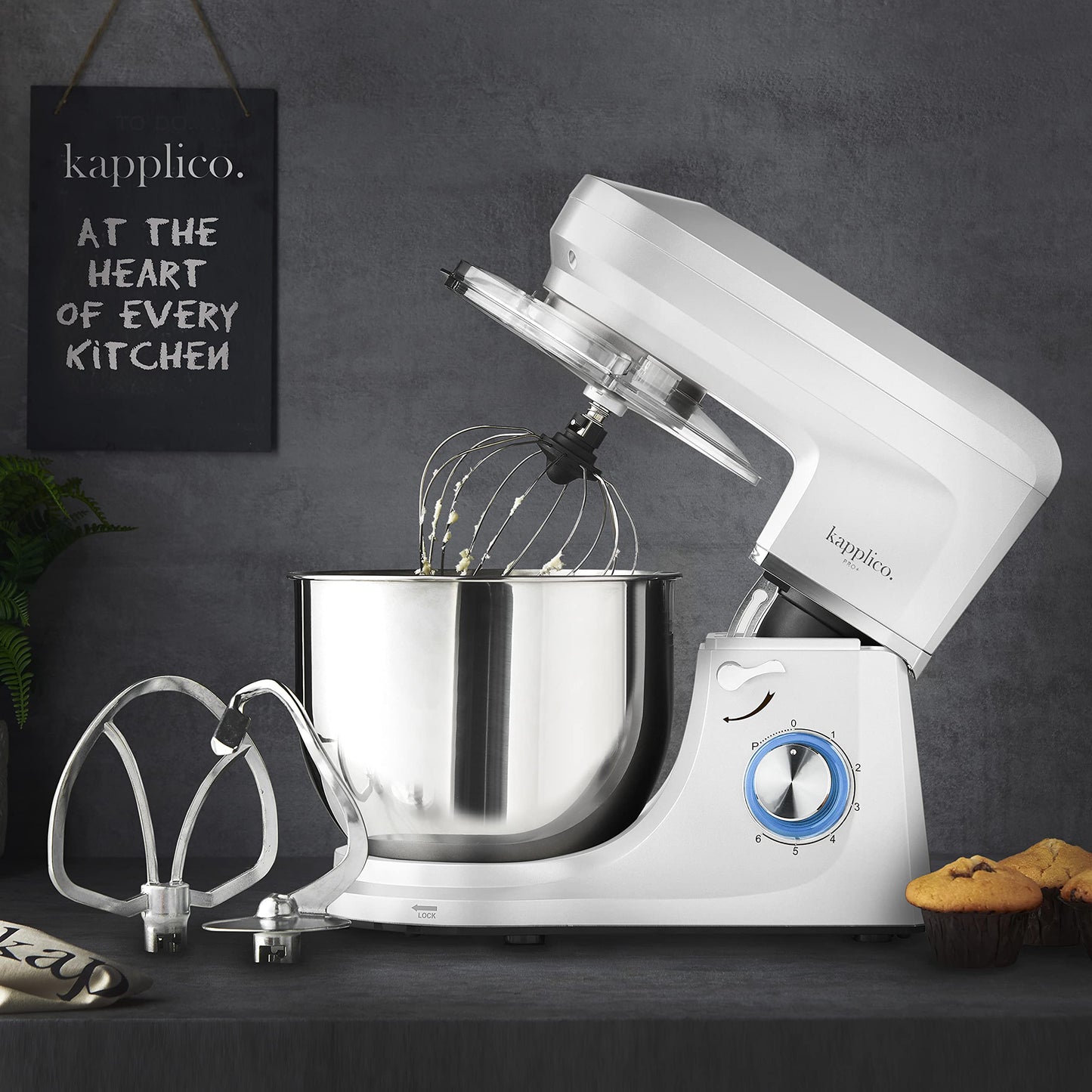 Kapplico 1800W Stand Mixer with Large 7L Stainless Steel Bowl and 3 Attachments - Whisk, Beater and Dough Hook, Splash Guard, 6 Speeds, Non Slip Feet, White