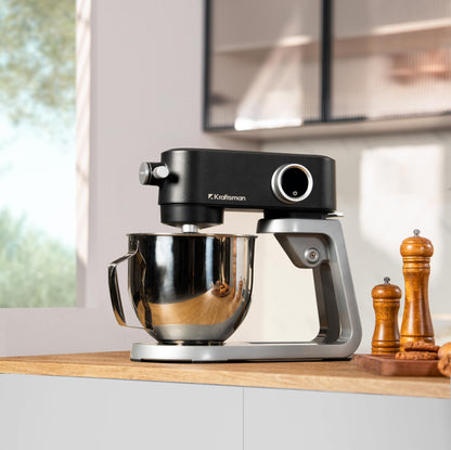 Kraftsman Full Metal Stand Mixer, 5L Kitchen Food Mixer for Baking with Stainless Steel Dough Hook, Whisk, Beater, Flexible Beater, Universal Attachment Hub, 8 Speeds & Timer Function (Black)