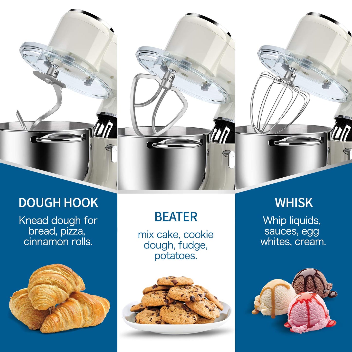 Vospeed Stand Mixer 2000W 8L Cake Mixer Electric Kitchen Food Mixer with Stainless Steel Bowl, Beater, Dough Hook, Whisk for Baking, Dishwasher Safe (White)