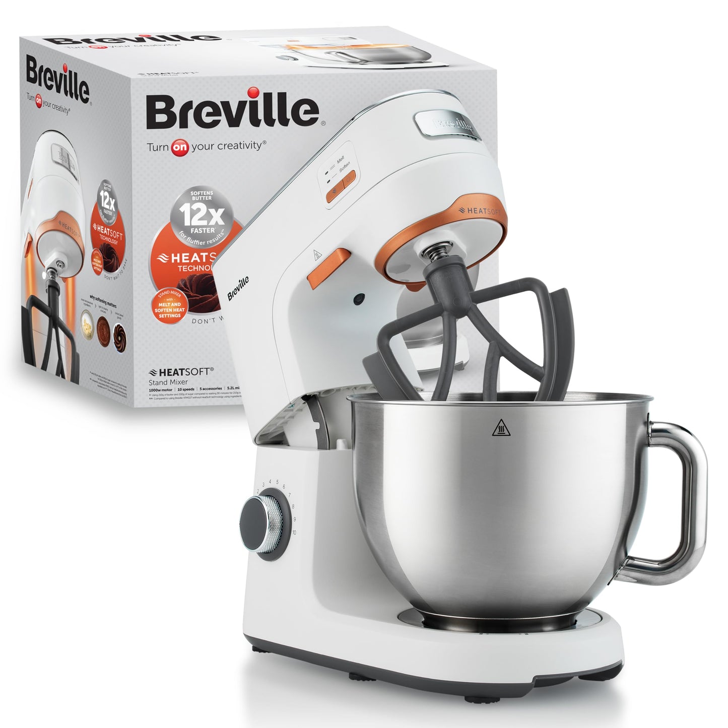 Breville HeatSoft Electric Stand Mixer | 1000W | Softens Butter for Better Results | 10 Speeds | 5.2L Stainless Steel Bowl | Includes Whisk, Beaters & Dough Hooks [VFM027]