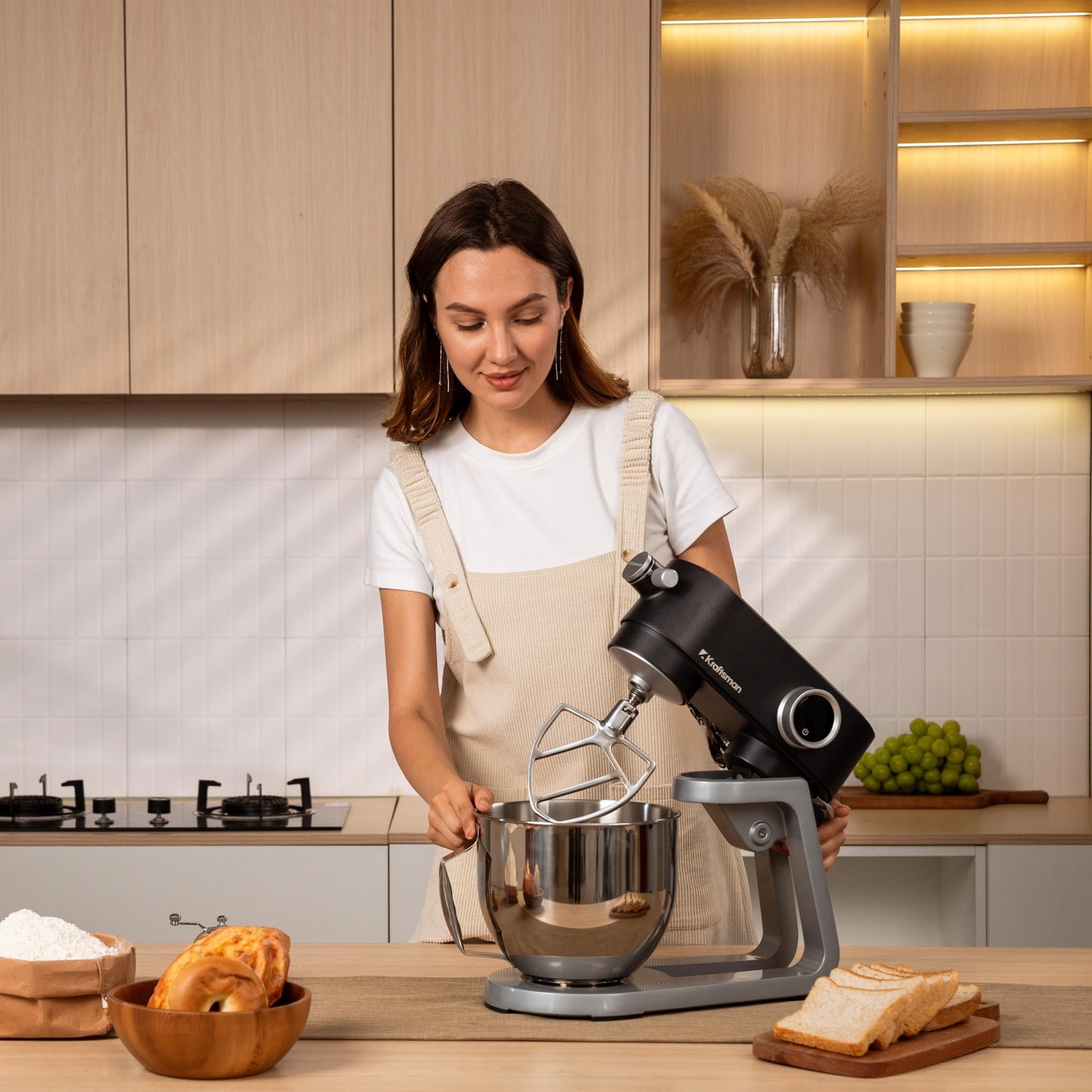 Kraftsman Full Metal Stand Mixer, 5L Kitchen Food Mixer for Baking with Stainless Steel Dough Hook, Whisk, Beater, Flexible Beater, Universal Attachment Hub, 8 Speeds & Timer Function (Black)