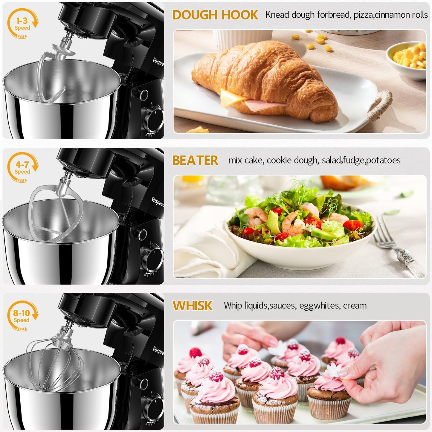 Vospeed Stand Mixer, 5.5L Food Mixers for Baking, 1500W Tilt-Head Electric Kitchen Mixer, Cake Mixers with Dough Hook, Whisk & Beater,Meat Grinder Attachment...(Black)