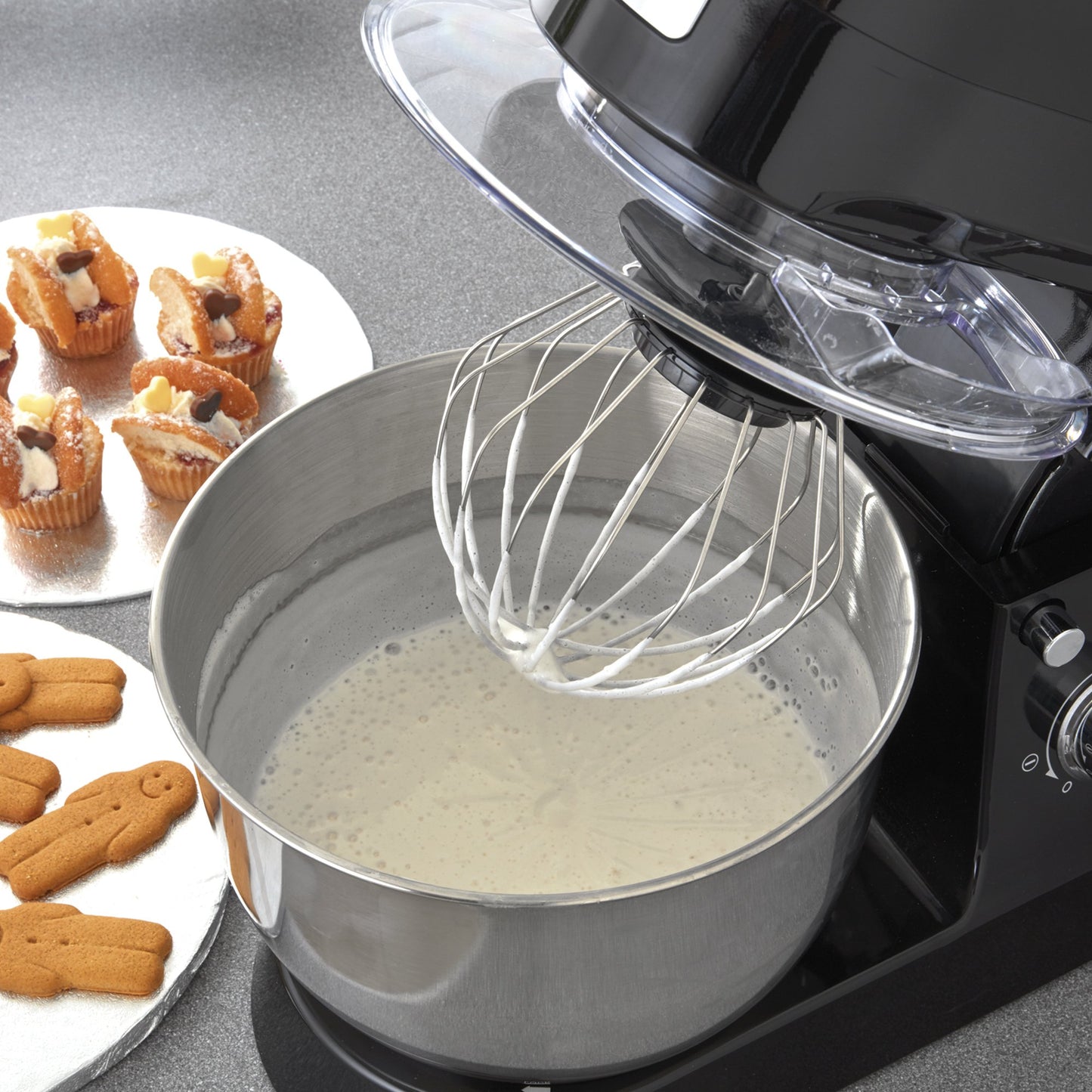 Cooks Professional Stand Mixer & Mincer 1200W | Electric Food Mixer with Pulse Setting | 6.2 Litre Stainless Steel Bowl | Blending Jug, Dough Hook, Whisk, Beater & Splash Guard | Black